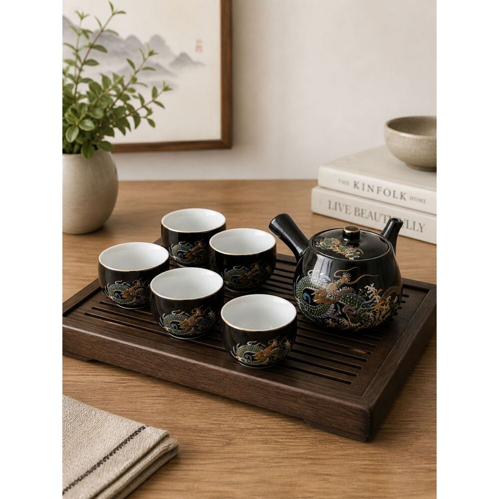 Side Handled 6 Piece Sake Tea Set Black Gold